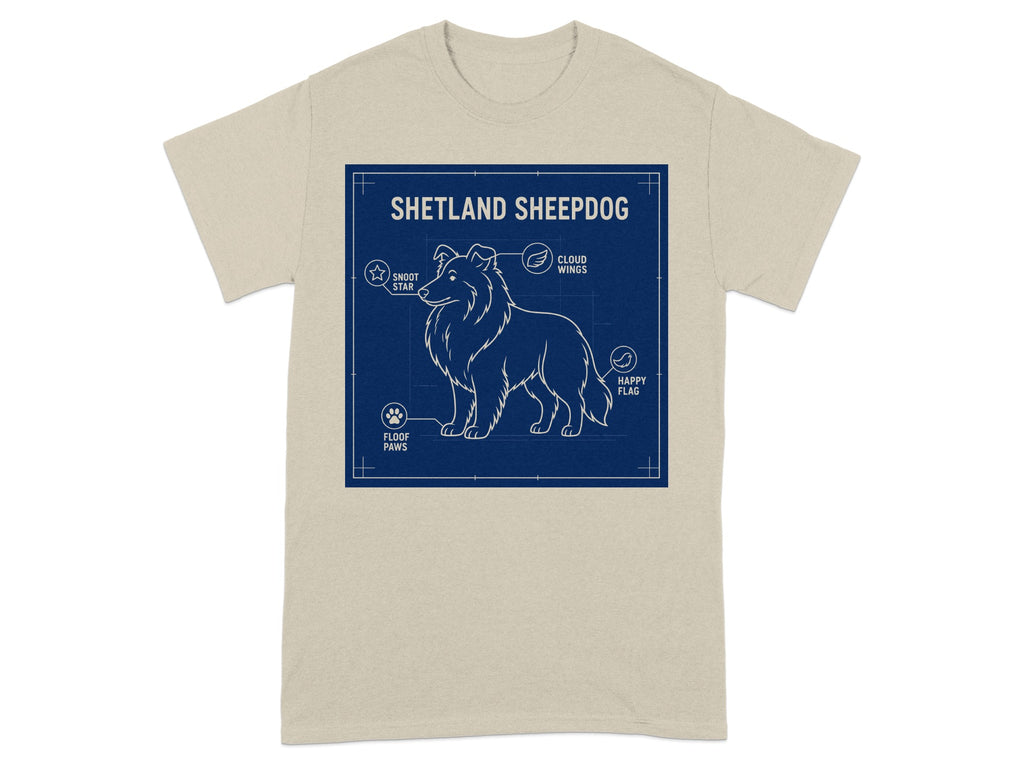 Blueprint diagram of a Shetland Sheepdog with labeled body parts.