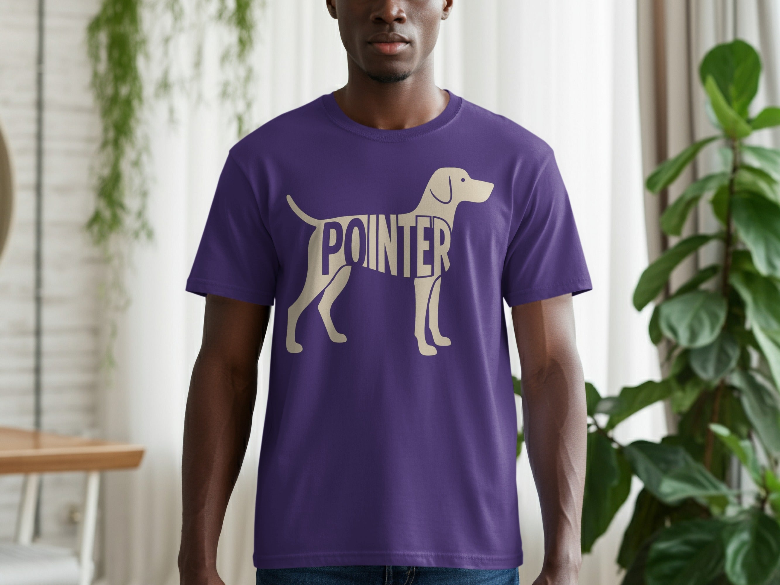 Purple t-shirt with a beige pointer dog silhouette containing the word "POINTER"
