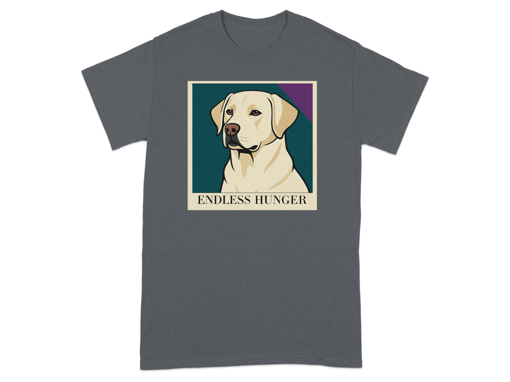Yellow lab portrait on t-shirt with 'ENDLESS HUNGER' text.