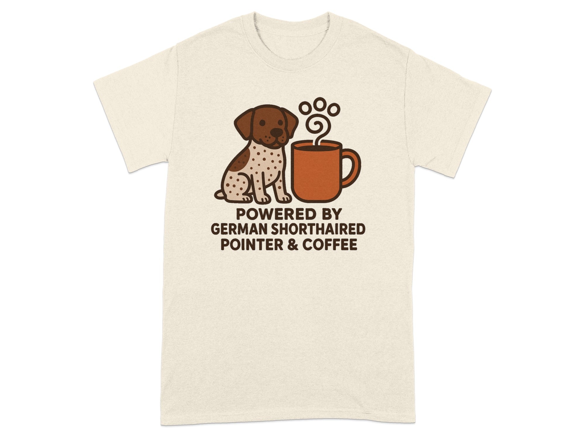 German Shorthaired Pointer and coffee mug graphic on a cream t-shirt.