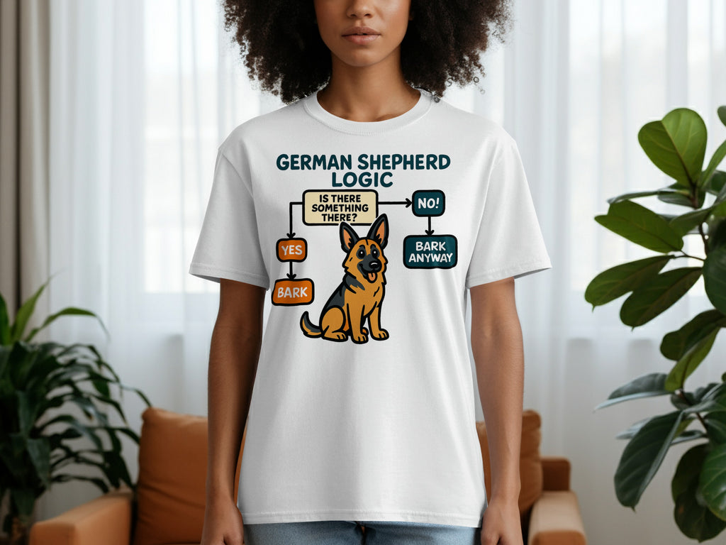 German Shepherd Logic flowchart and cartoon dog on a white t-shirt.