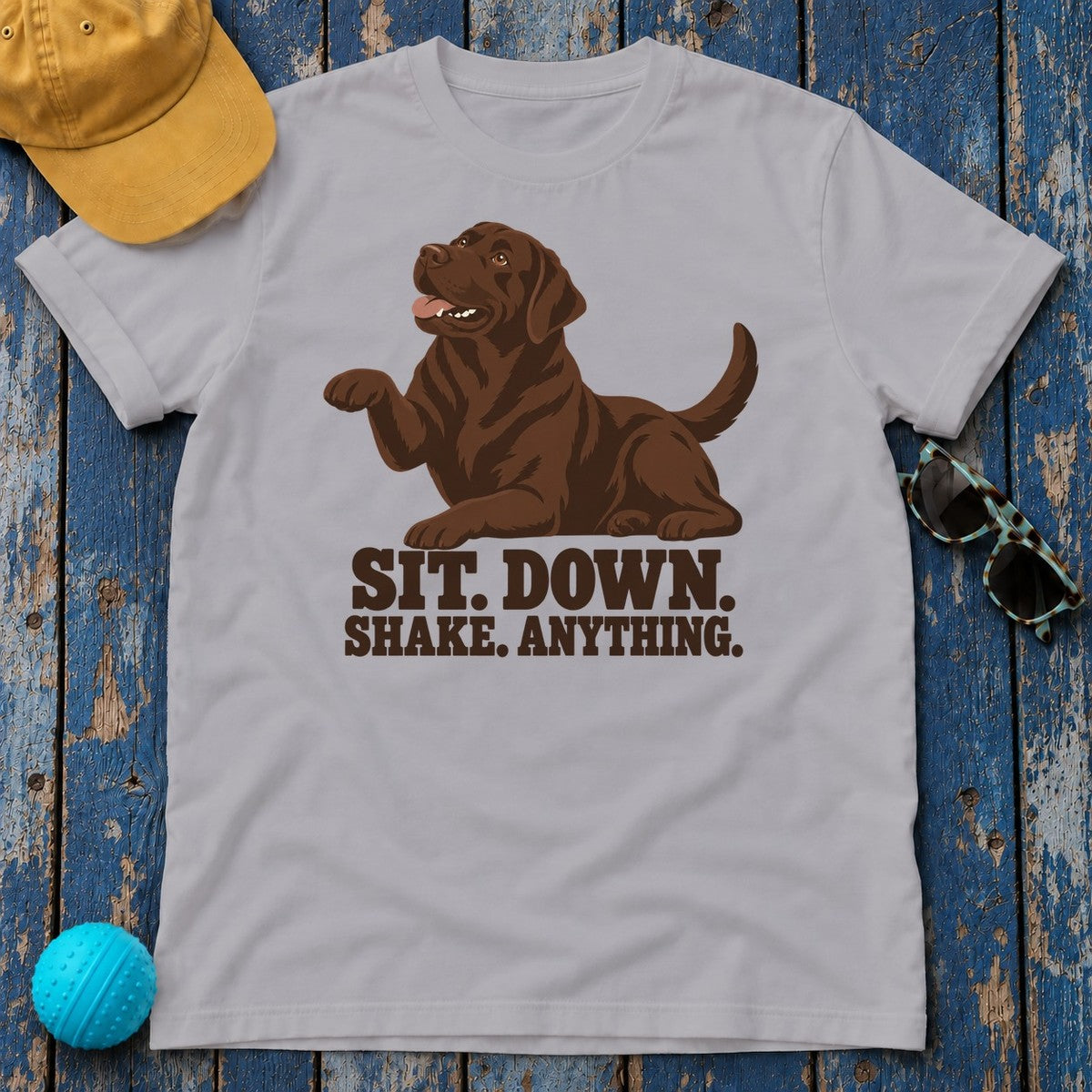 Sit Down Shake Anything Chocolate Lab T-Shirt in Athletic Heather