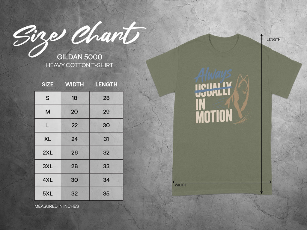 Gildan 5000 Heavy Cotton T-Shirt with size chart and graphic.