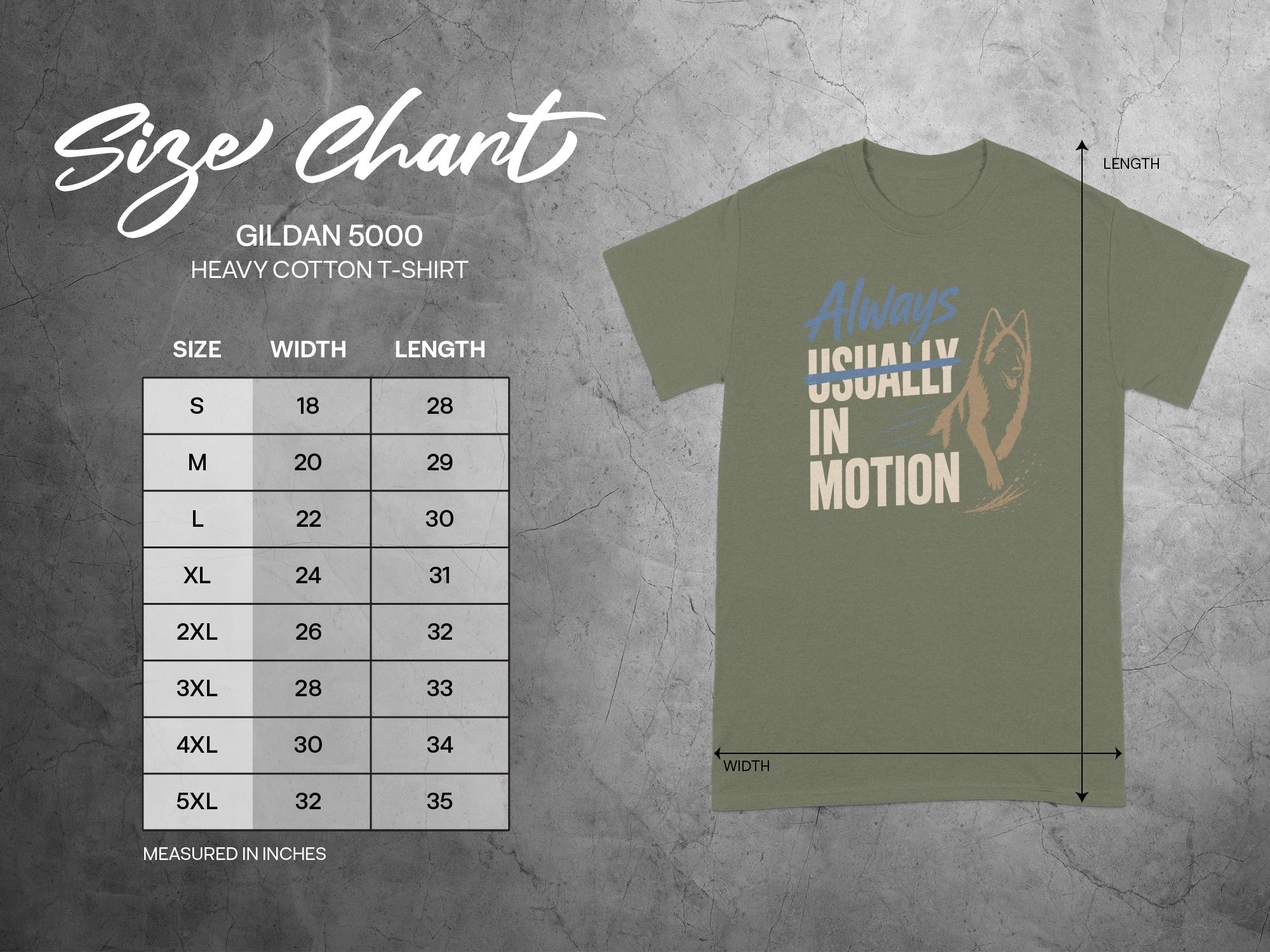 Gildan 5000 Heavy Cotton T-Shirt with size chart and graphic.