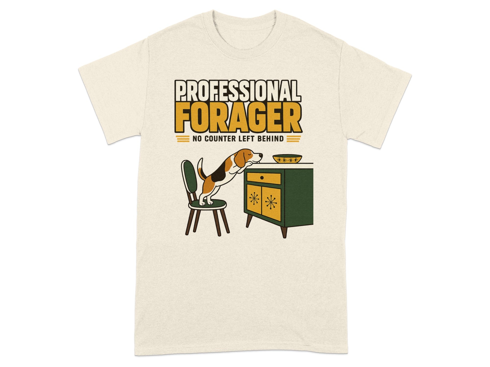Beagle reaching for food on cabinet, "PROFESSIONAL FORAGER" text.