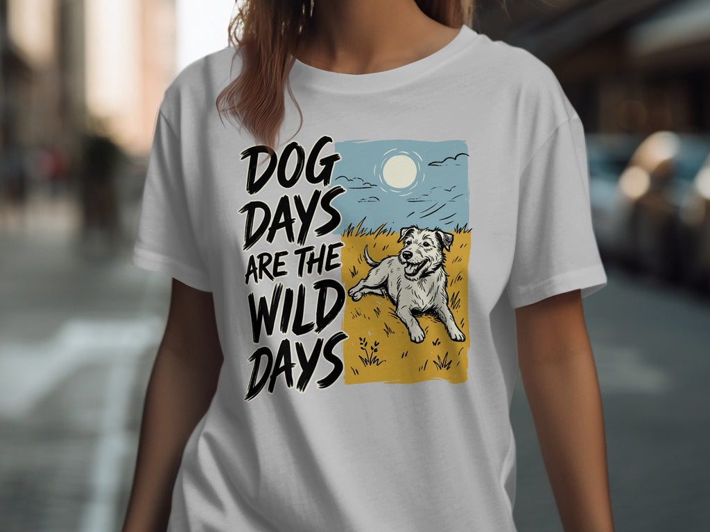 White t-shirt with "DOG DAYS ARE THE WILD DAYS" and a dog illustration.