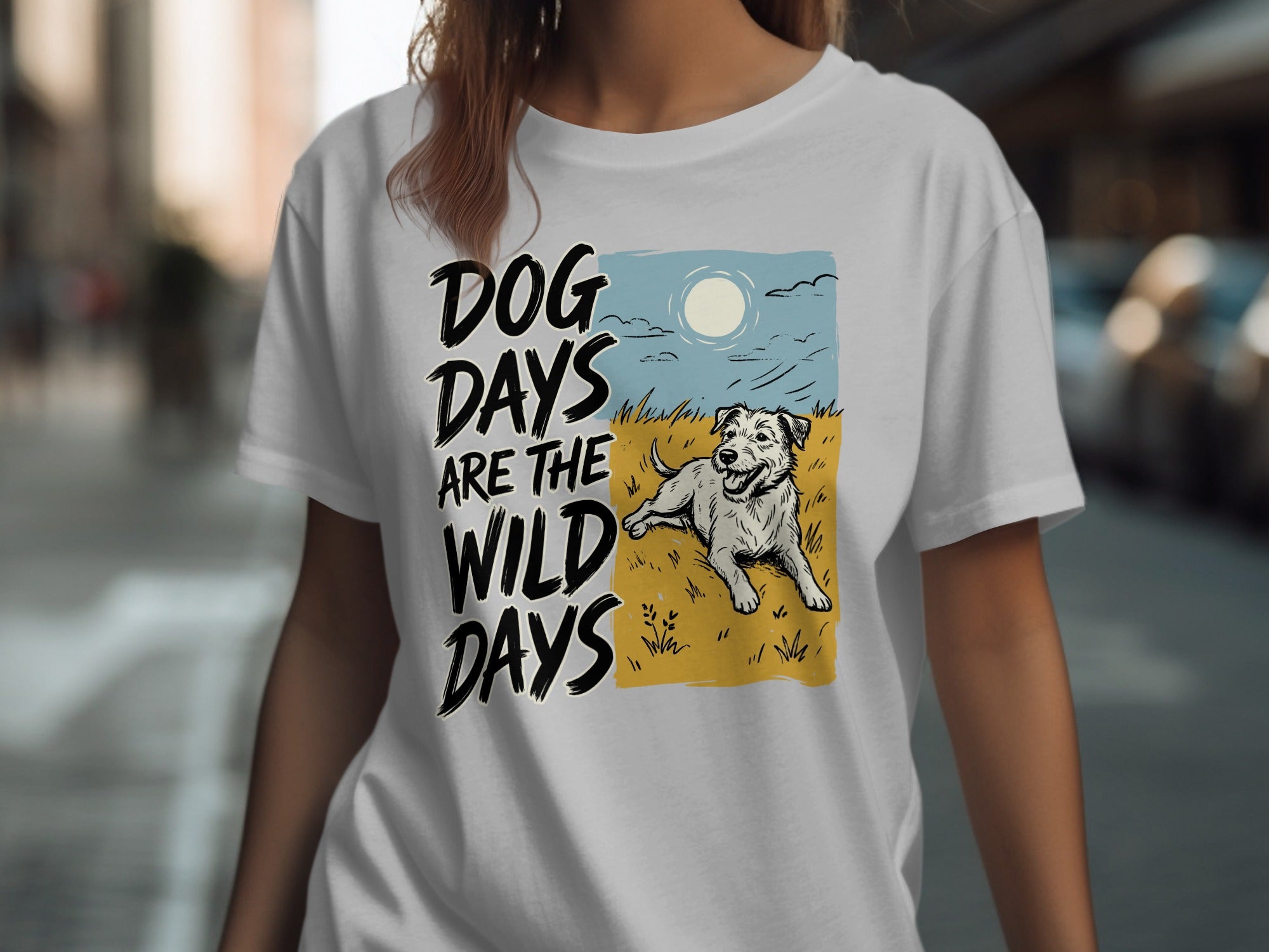 White t-shirt with "DOG DAYS ARE THE WILD DAYS" and a dog illustration.