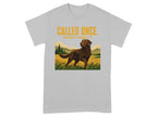 Brown dog in field with "CALLED ONCE. THOUGHT ABOUT IT." text on t-shirt.