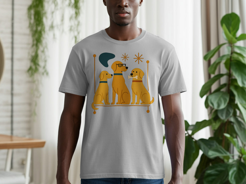 Grey t-shirt with a graphic of three yellow dogs, one wearing glasses.
