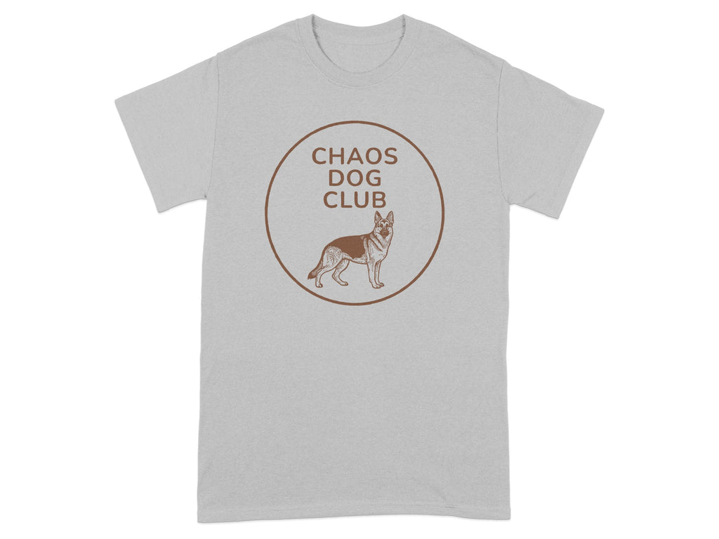 Grey t-shirt with "CHAOS DOG CLUB" and German Shepherd logo.