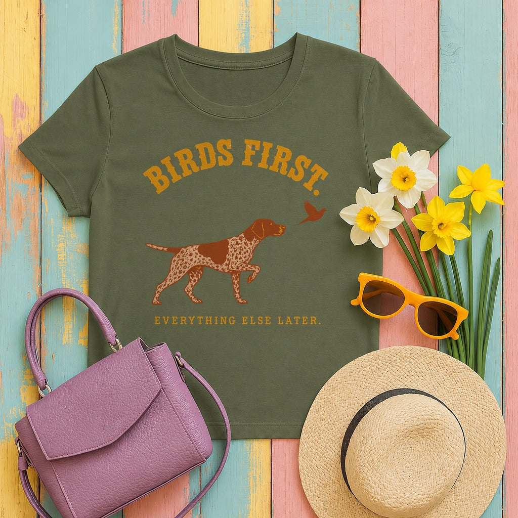 Birds First German Shorthaired Pointer T-Shirt in Military Green