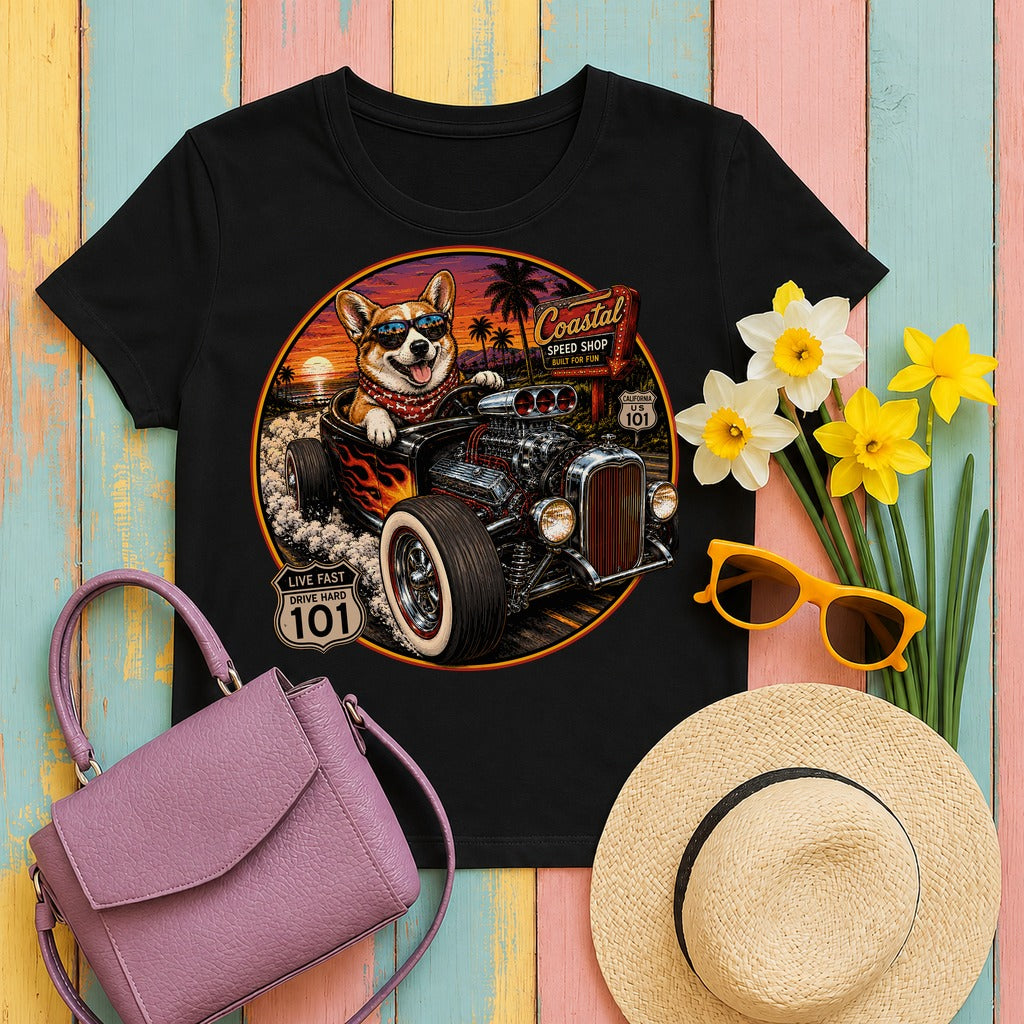 The Coastal Cruise Hot Rod Corgi t-shirt