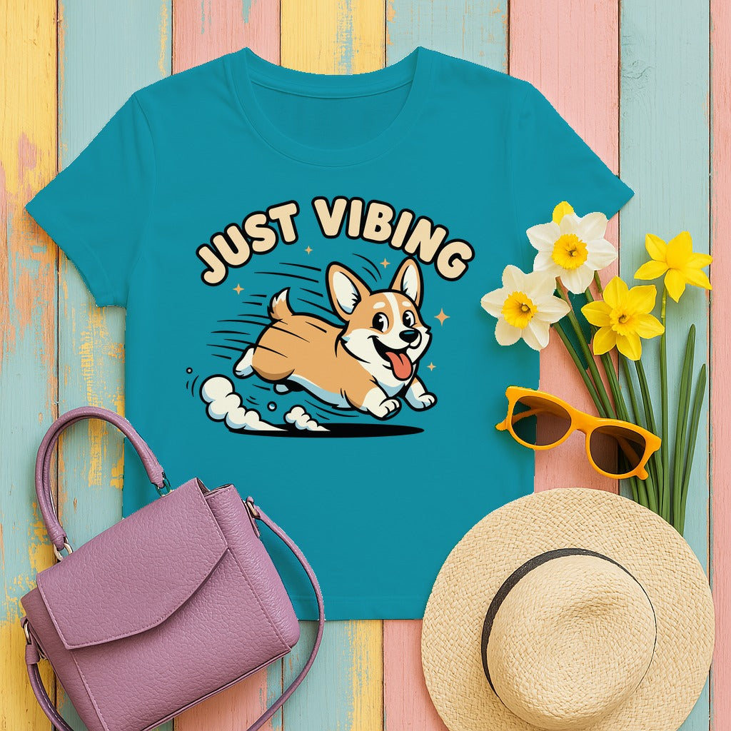 Cute Corgi Just Vibing T-Shirt in Tropical Blue