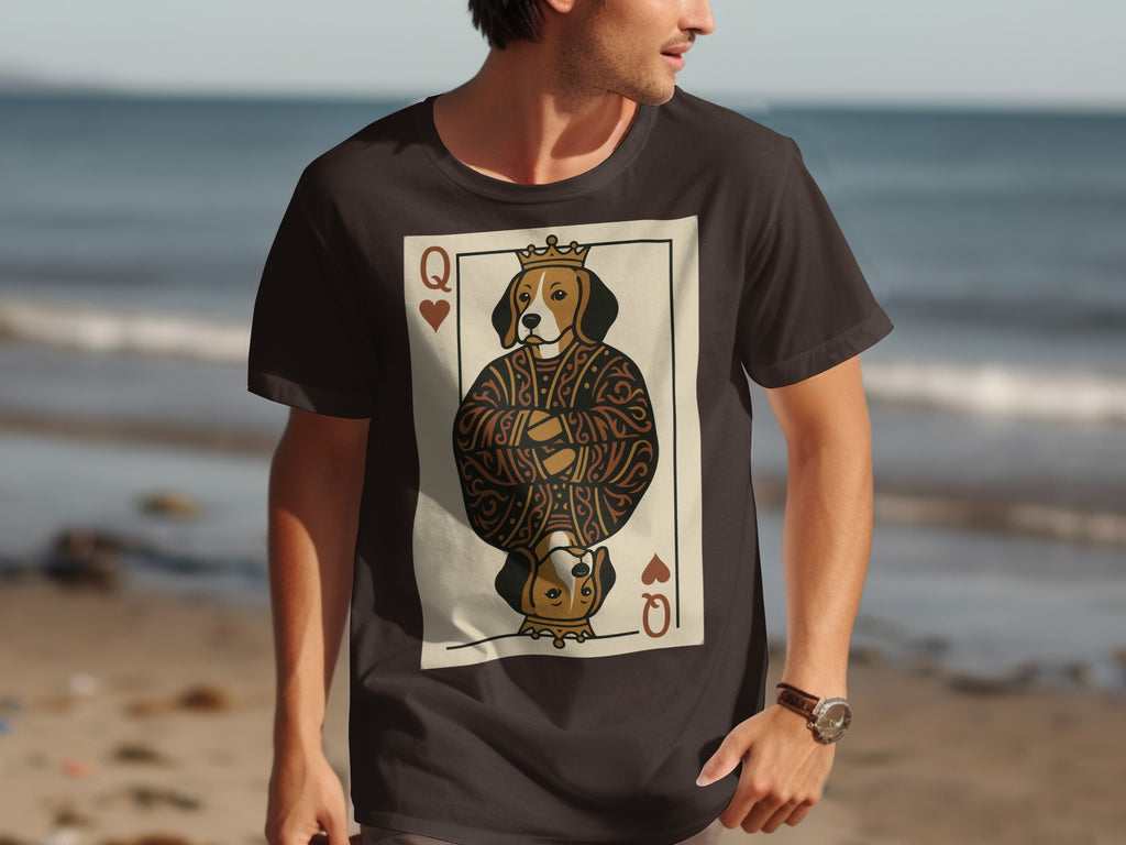 T-shirt with Queen of Hearts playing card design featuring a beagle dog.