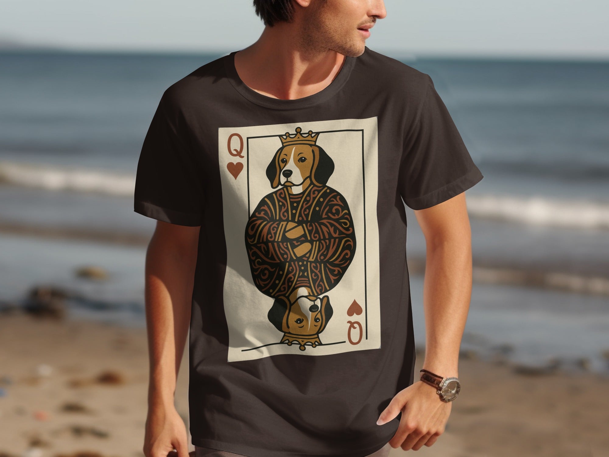 T-shirt with Queen of Hearts playing card design featuring a beagle dog.