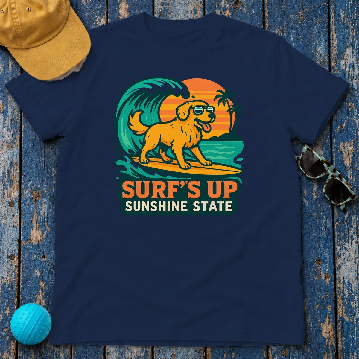 Surf's Up Sunshine State Golden Retriever Surfing T-Shirt in Navy