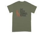 Green t-shirt with dog silhouette and text EAT. SLEEP. ZOOMIES. REPEAT.