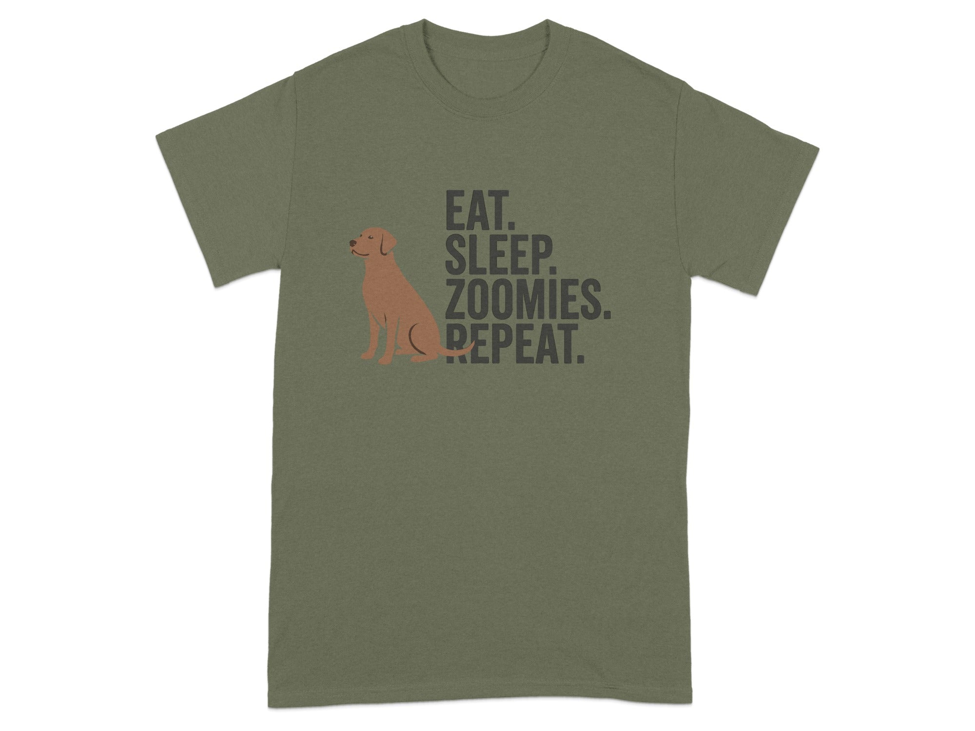 Green t-shirt with dog silhouette and text EAT. SLEEP. ZOOMIES. REPEAT.