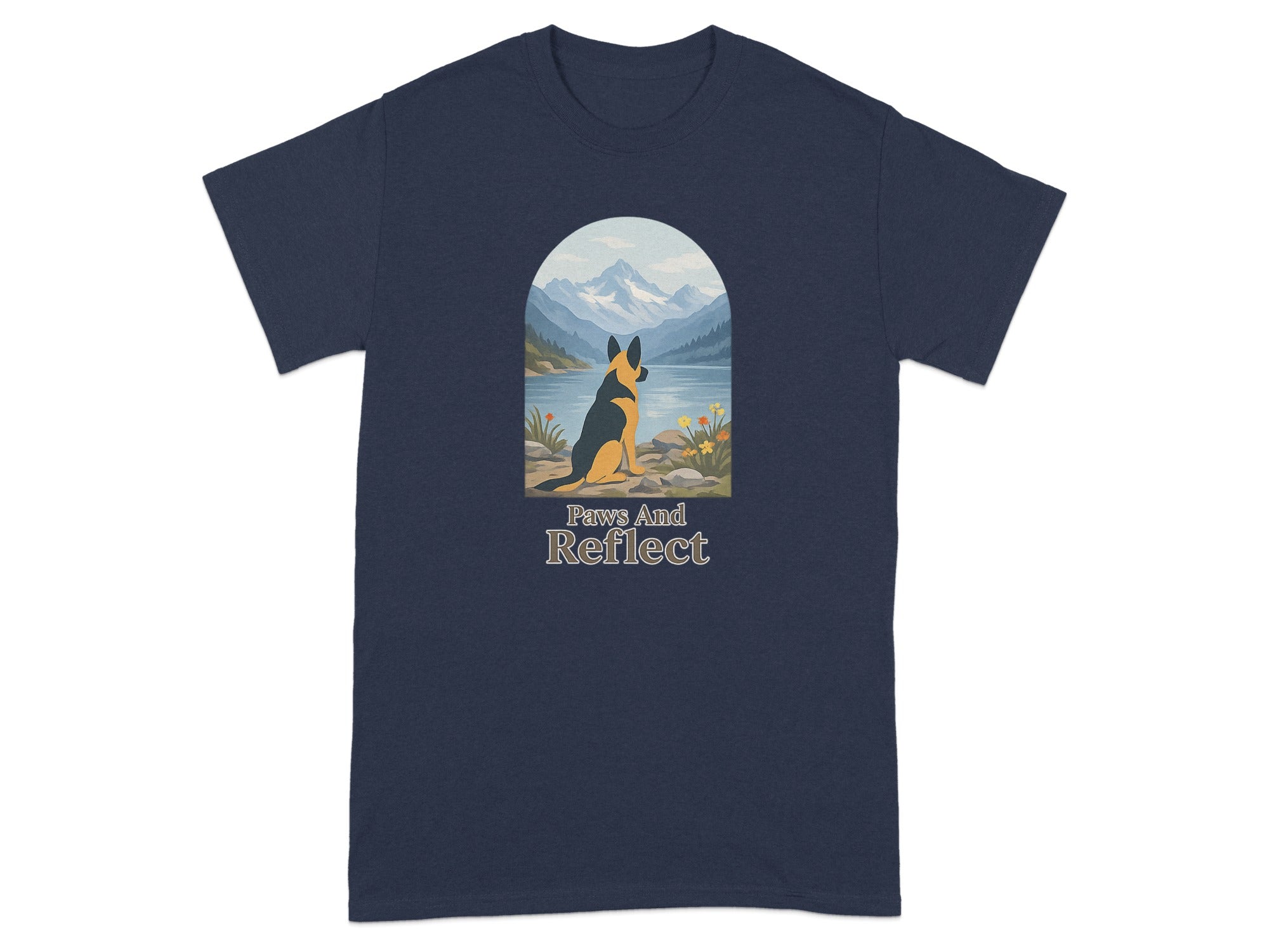 German Shepherd sits by lake, mountains behind, with text "Paws And Reflect".
