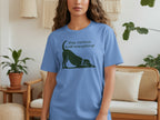 Blue t-shirt with black dog graphic and text "Stay curious, Sniff everything!"