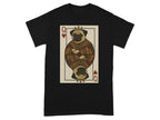 Black t-shirt with a Queen of Hearts playing card featuring two pugs.