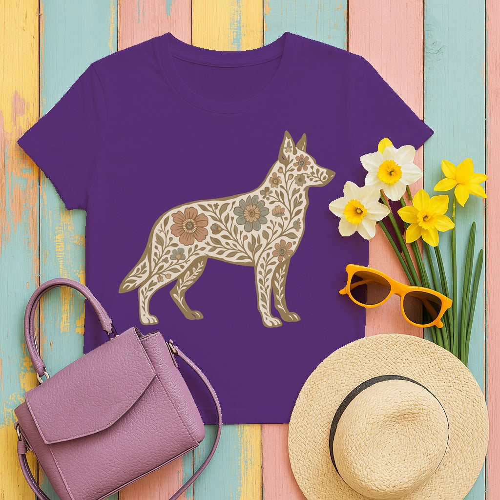 Floral German Shepherd Silhouette Unique Graphic Design T-Shirt in Purple