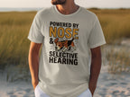 Cream t-shirt with beagle and "Powered by Nose Selective Hearing" text.