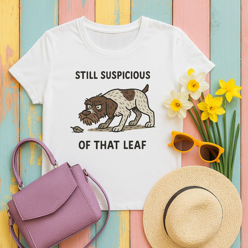 german wirehaired pointer suspicious-leaf tee flat lay hero