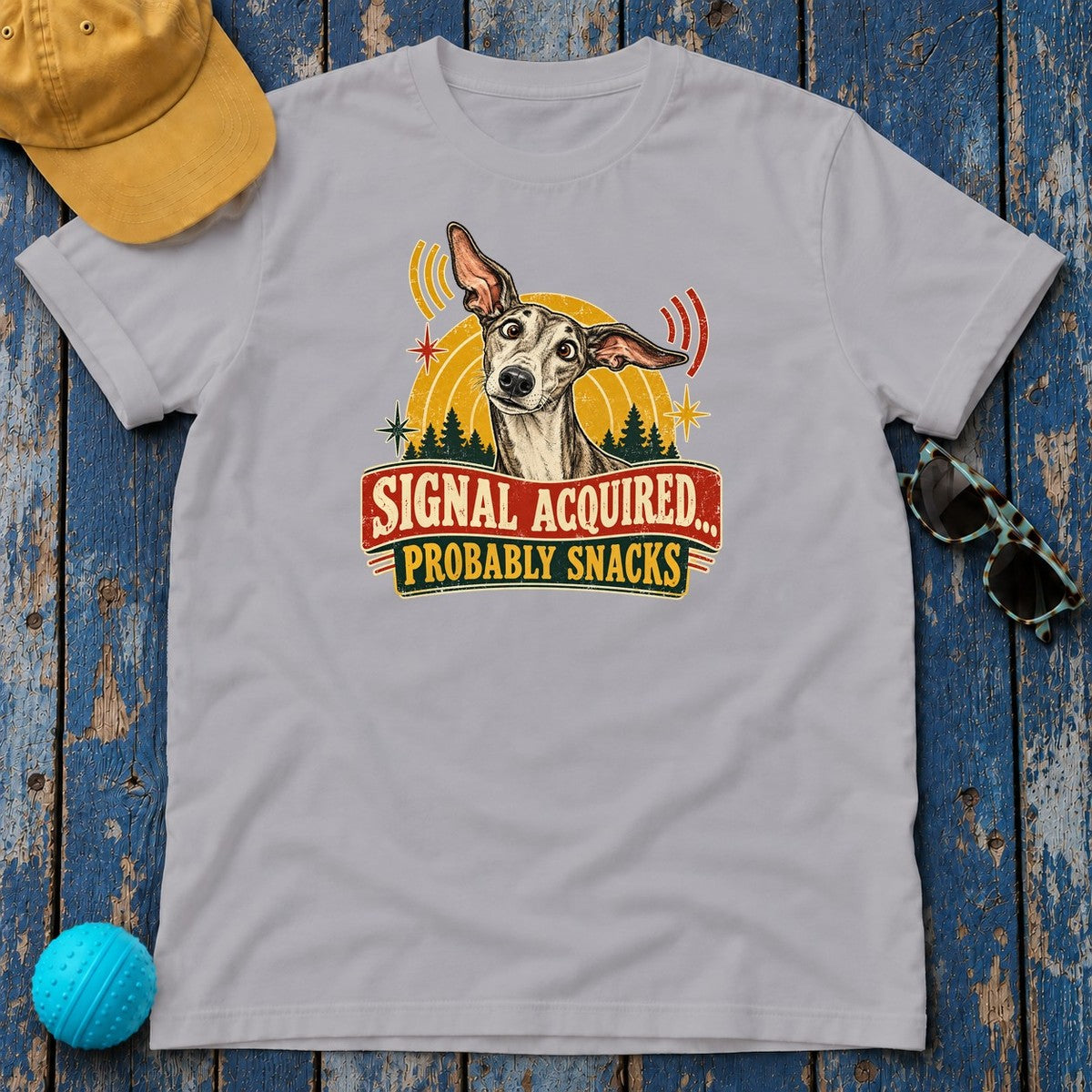 Signal Acquired Probably Snacks Greyhound T-Shirt in Athletic Heather - flat lay