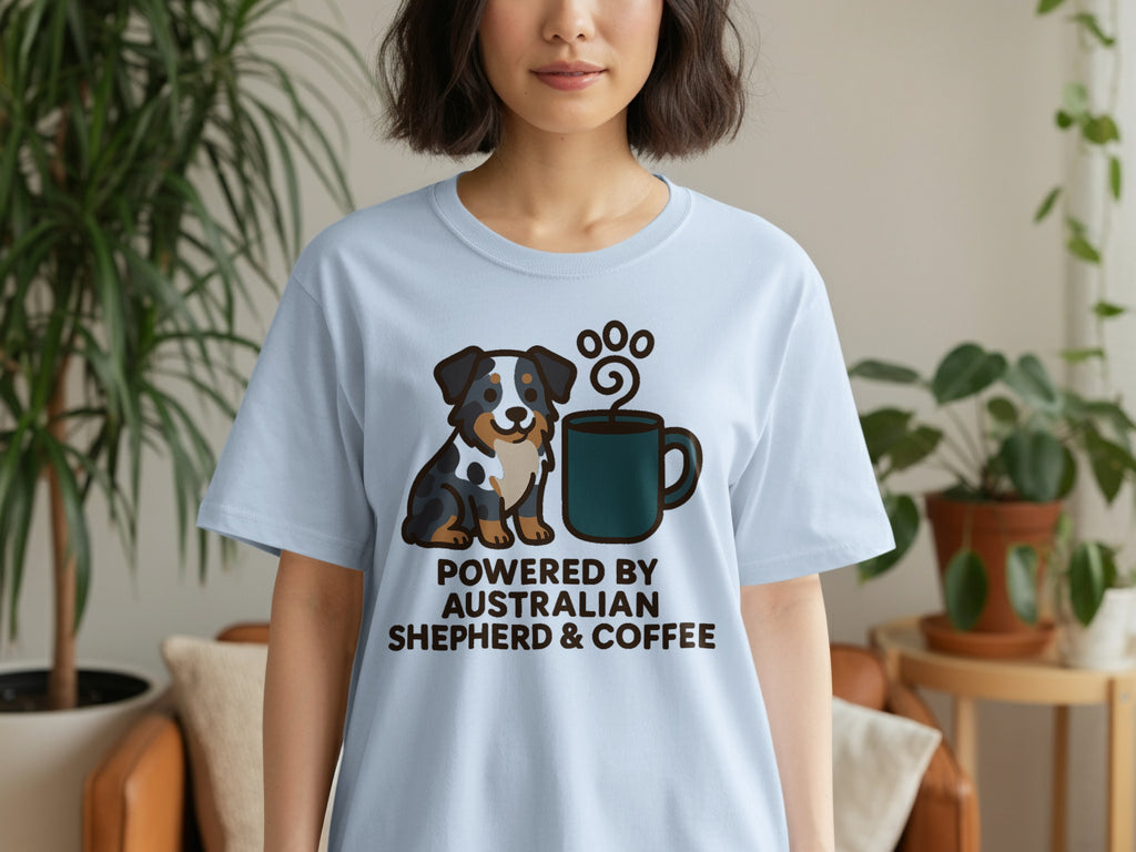 Light blue t-shirt featuring an Australian Shepherd and coffee cup graphic with text.