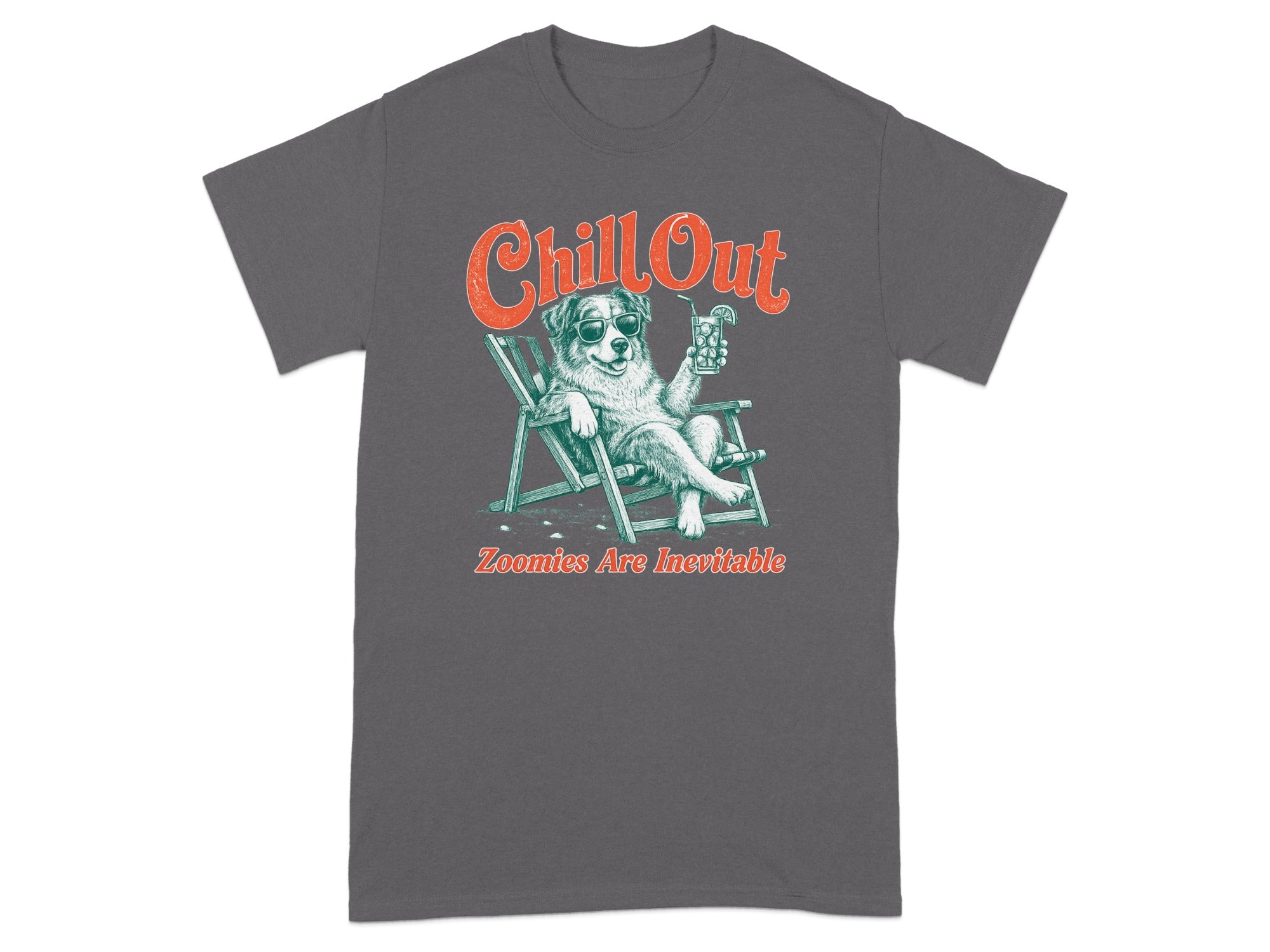 Dog in deck chair with drink, "Chill Out" and "Zoomies Are Inevitable" text.