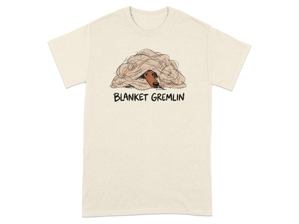 T-shirt with "BLANKET GREMLIN" text and a dog peeking from under a blanket.