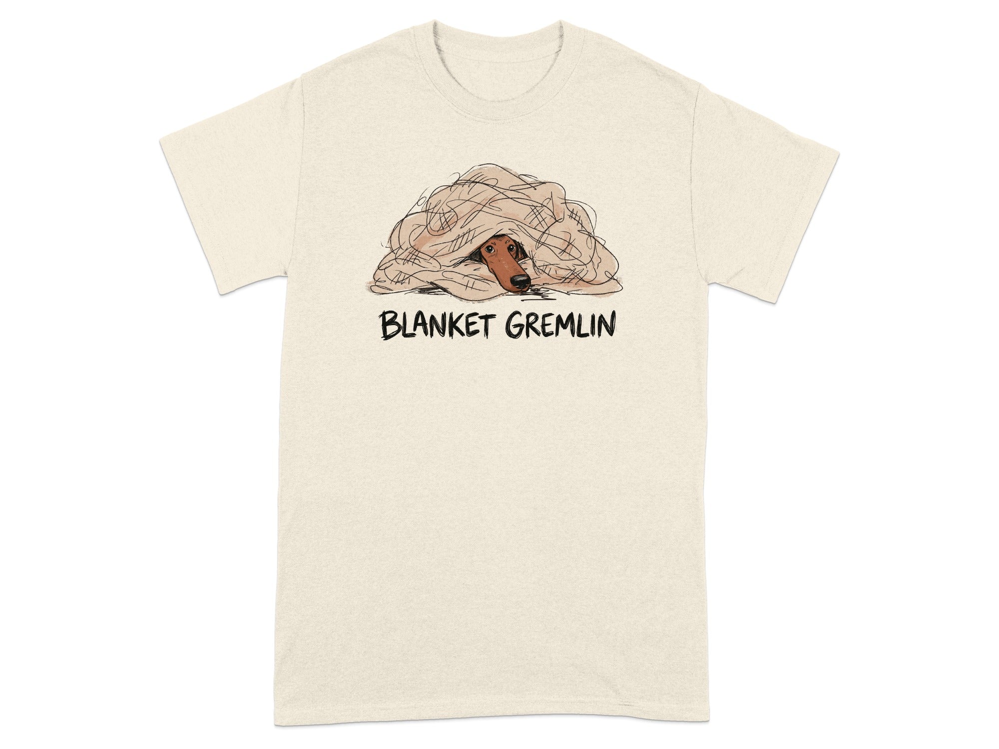 T-shirt with "BLANKET GREMLIN" text and a dog peeking from under a blanket.