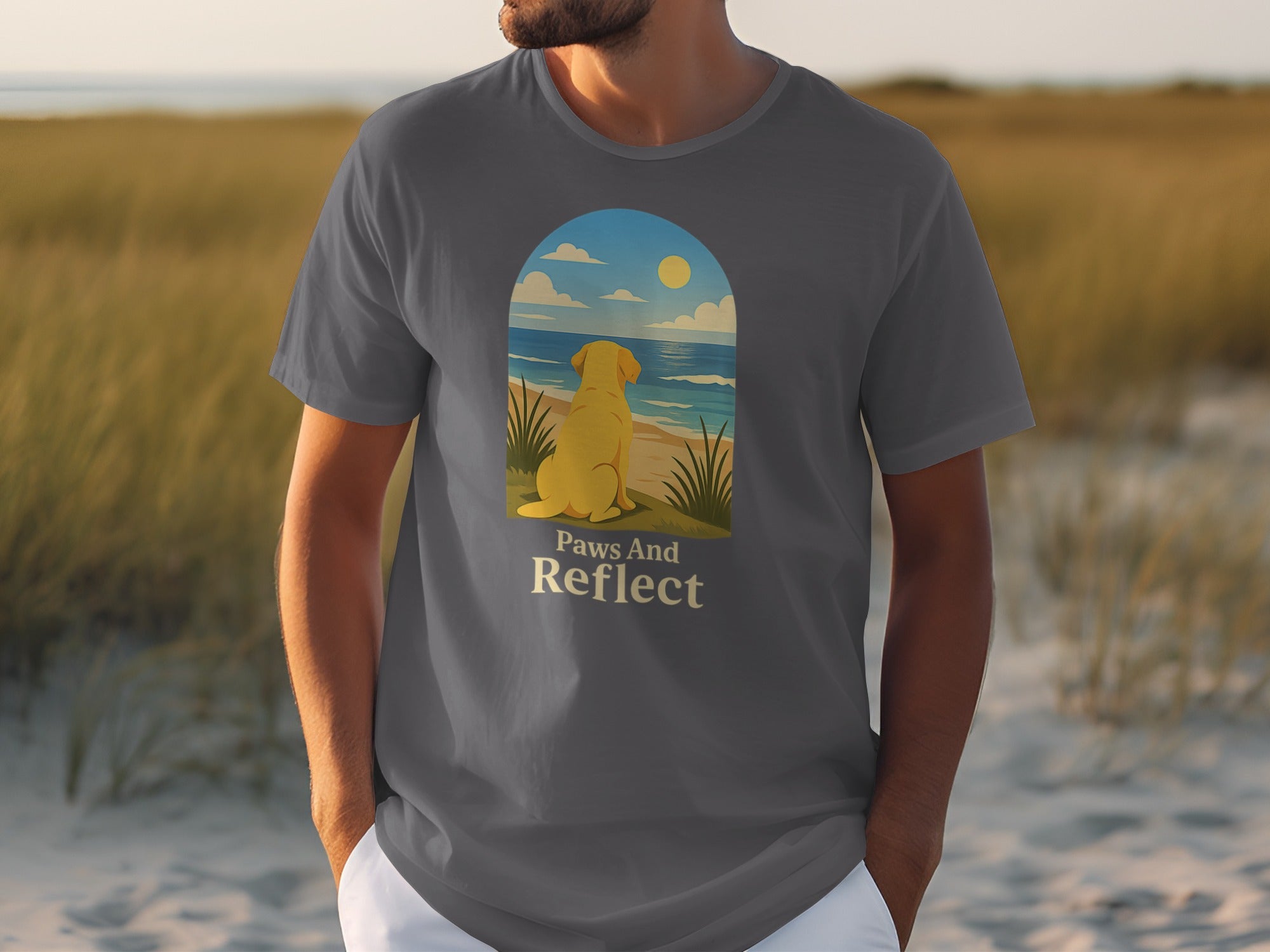 Yellow dog looks at ocean scene with text "Paws And Reflect."