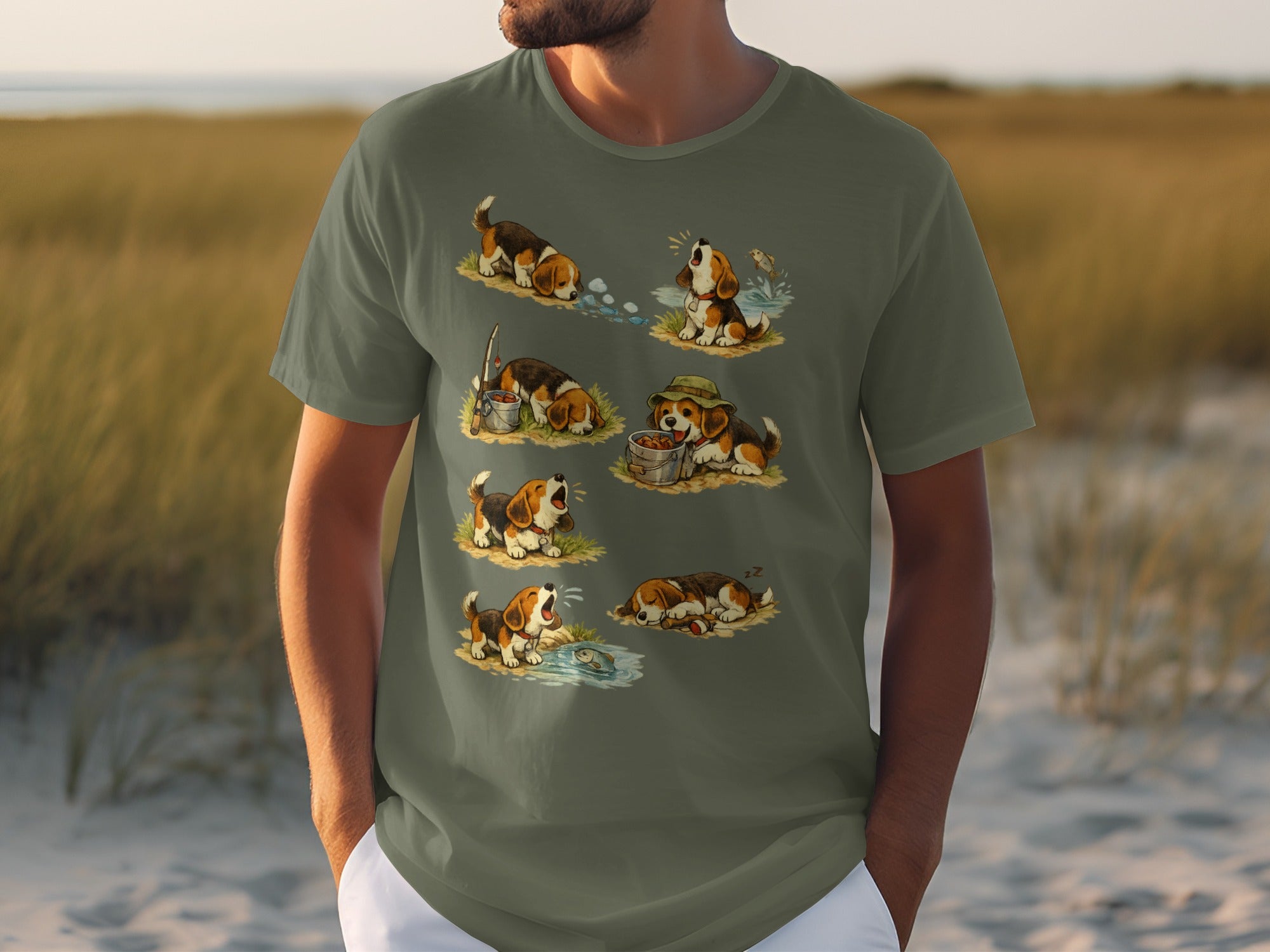 T-shirt design with six beagle puppies in various playful fishing scenarios.
