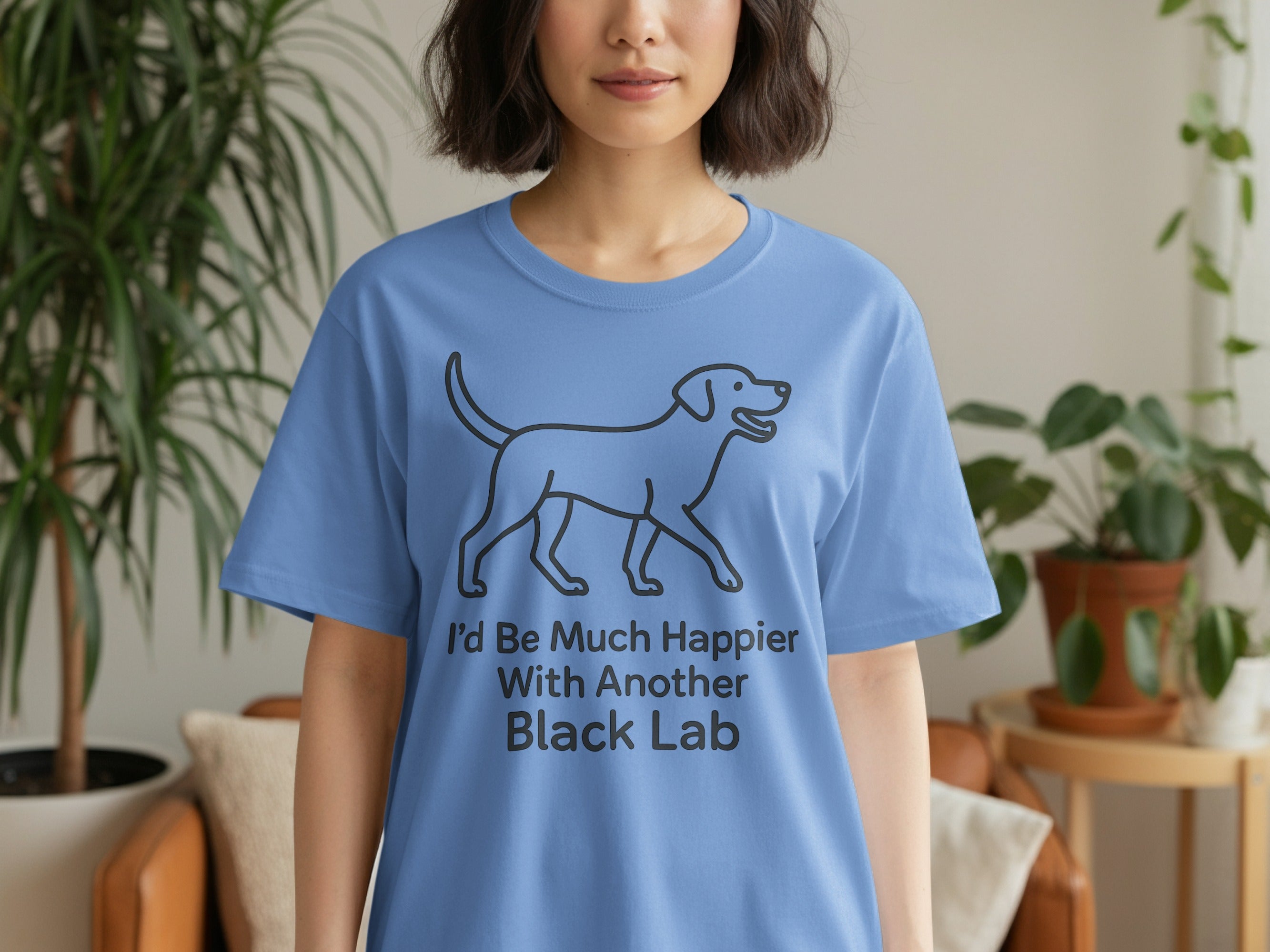 Blue t-shirt with a black outline of a dog and text "I'd Be Much Happier With Another Black Lab".