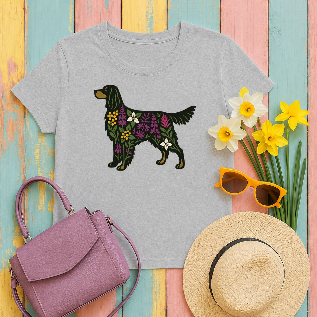 Floral Silhouette of a Black Gordon Setter Elegant Design T-Shirt in Sport Grey