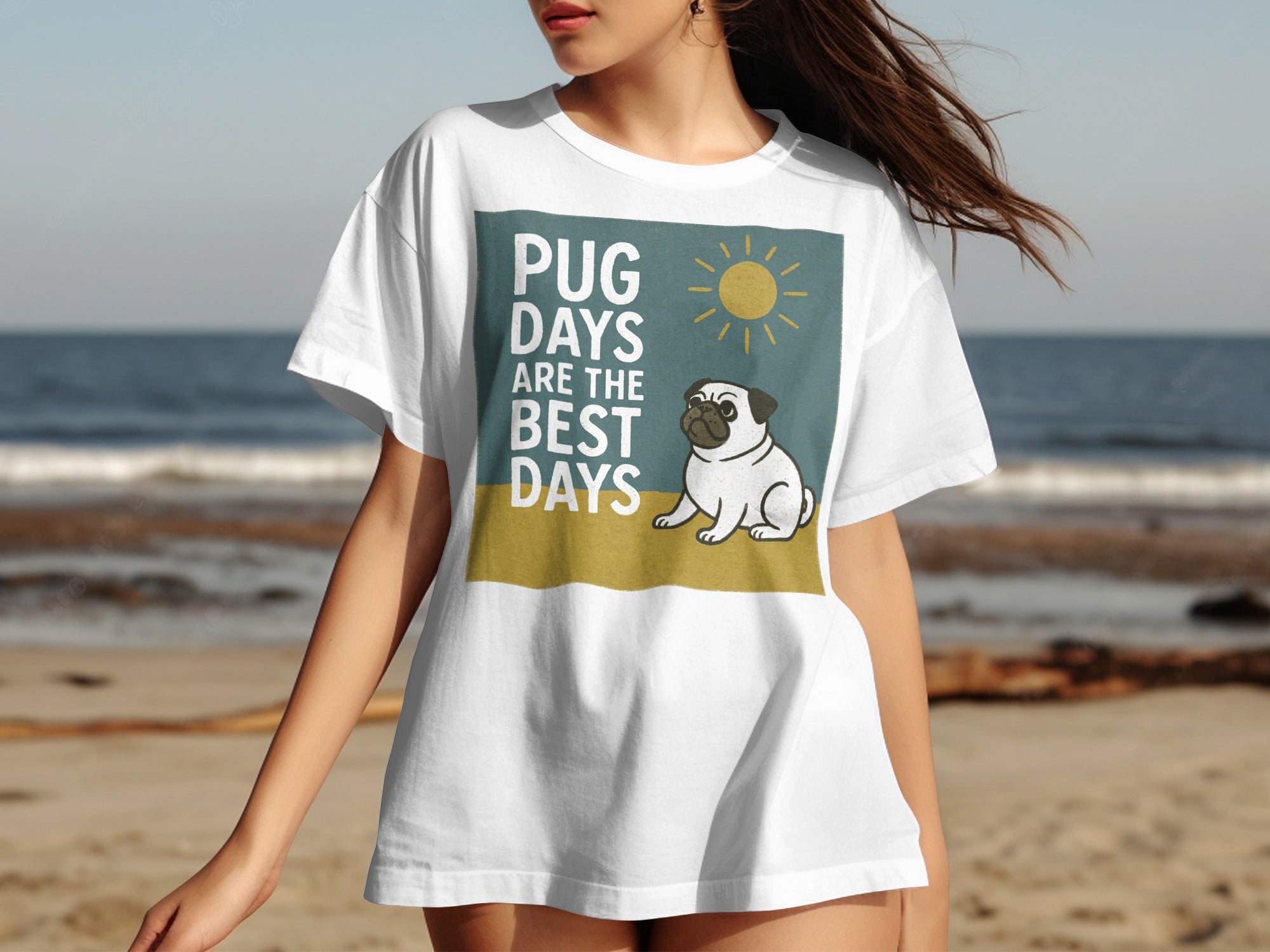White t-shirt with pug illustration and text "Pug Days Are The Best Days".