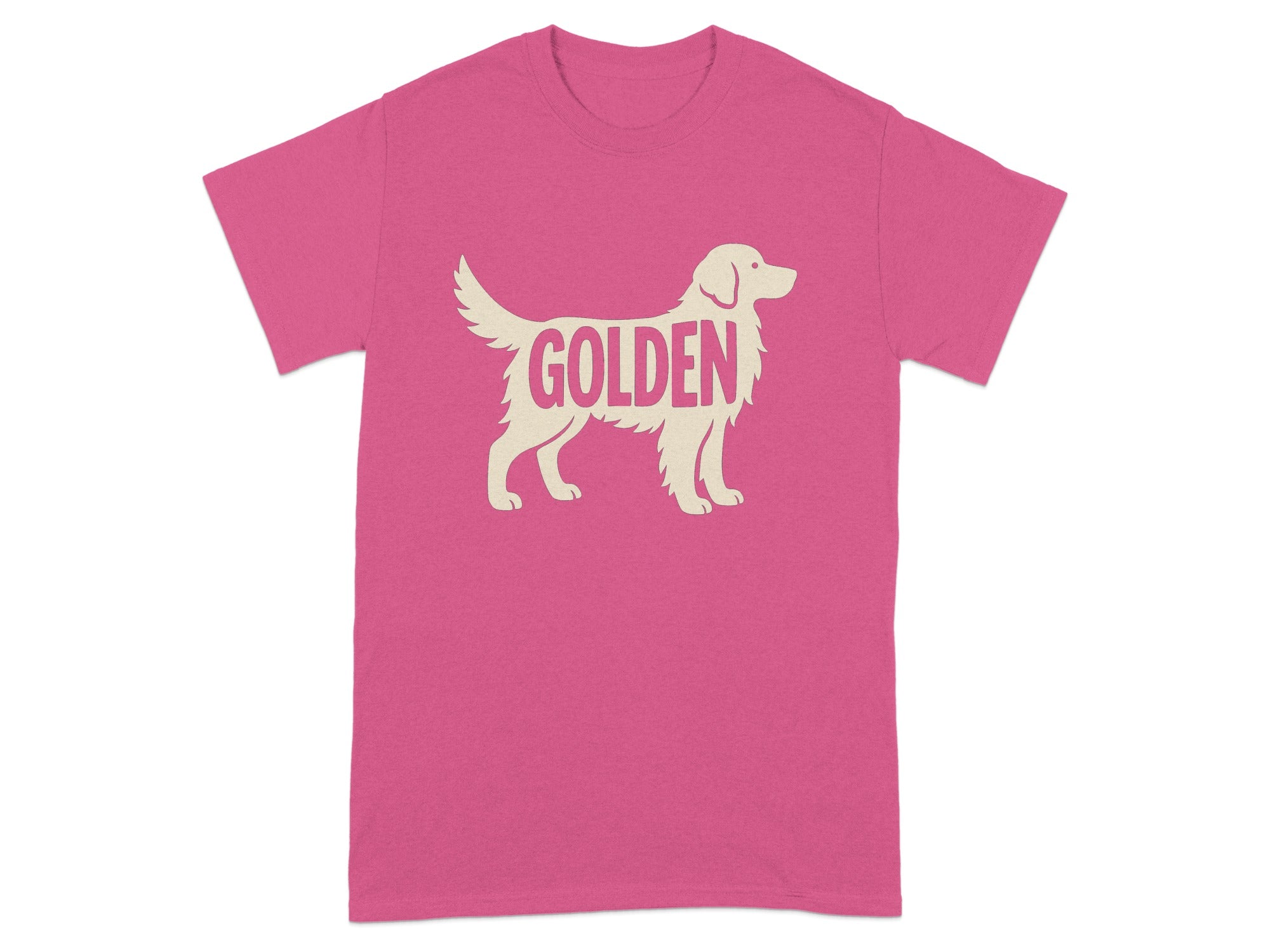 Pink t-shirt with a cream-colored silhouette of a Golden Retriever and the word "GOLDEN".
