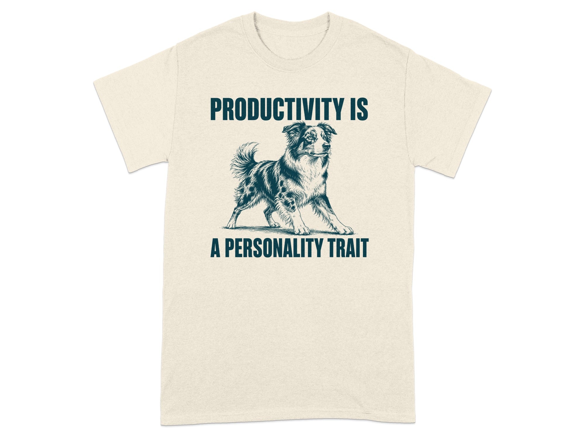 Cream t-shirt with a dog illustration and text "PRODUCTIVITY IS A PERSONALITY TRAIT".