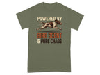 Olive green t-shirt with "Powered by Bird Scent & Pure Chaos" and a dog running.