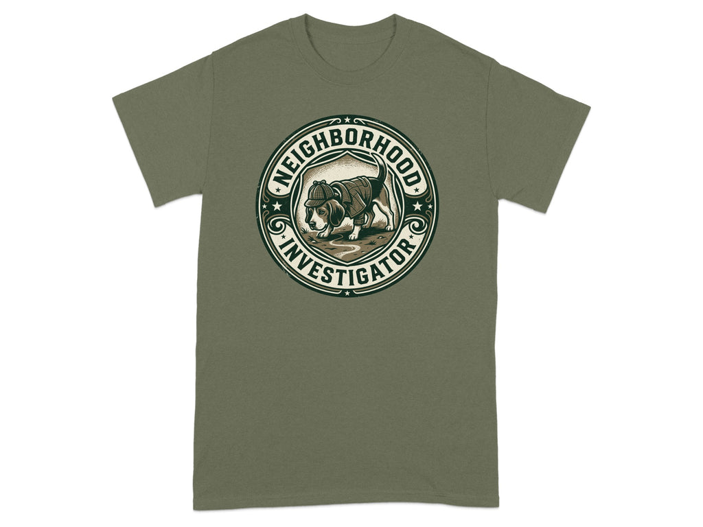 "Neighborhood Investigator" logo on a green t-shirt.