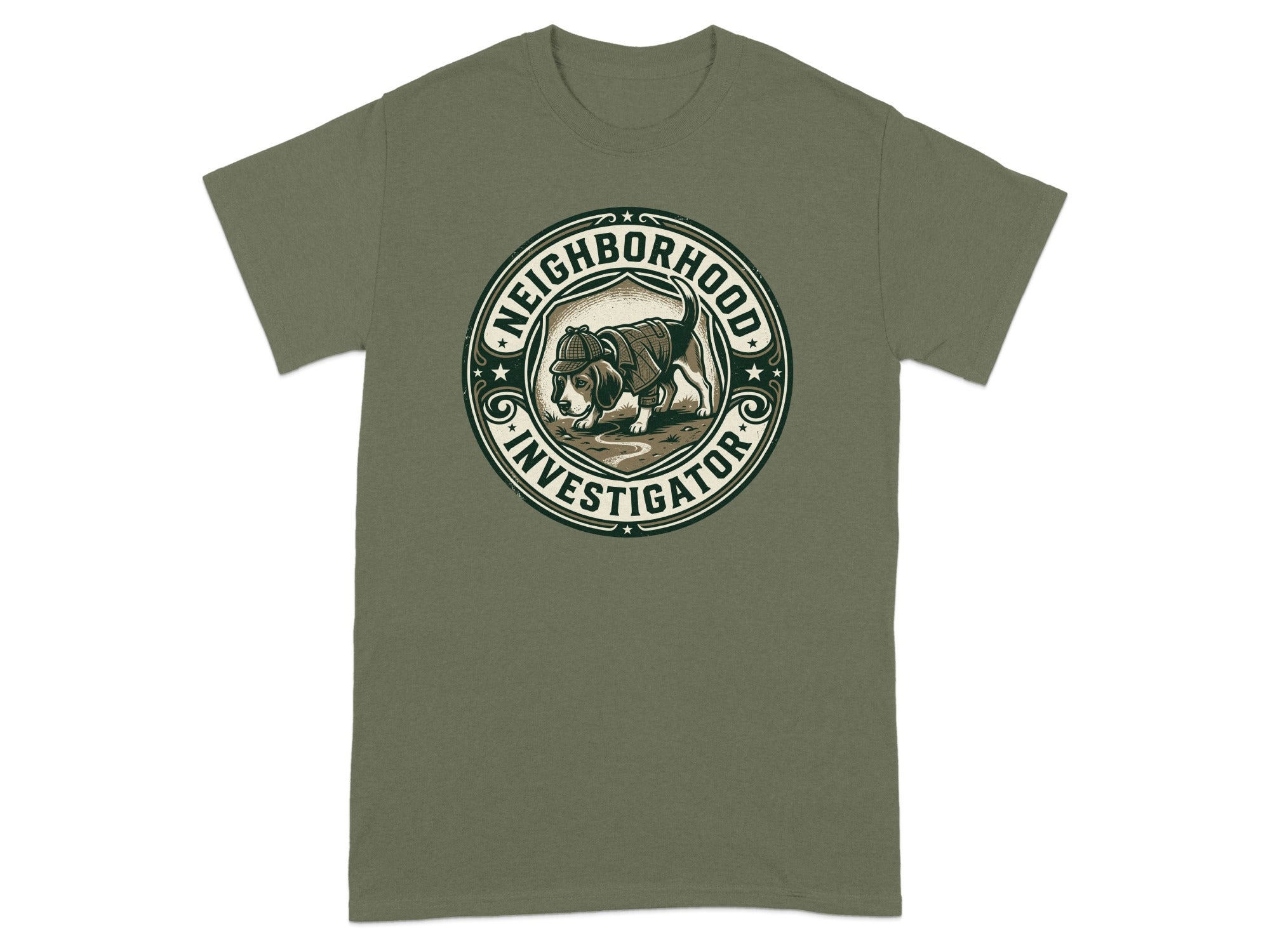 "Neighborhood Investigator" logo on a green t-shirt.