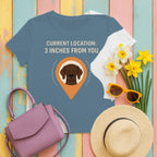 German Shorthaired Pointer 3 Inches From You Tee styled flat lay on Steel Blue