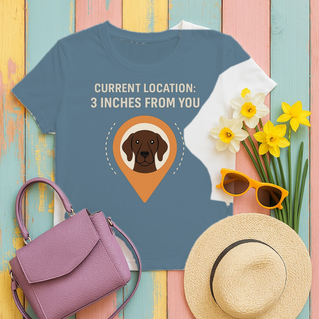 German Shorthaired Pointer 3 Inches From You Tee styled flat lay on Steel Blue