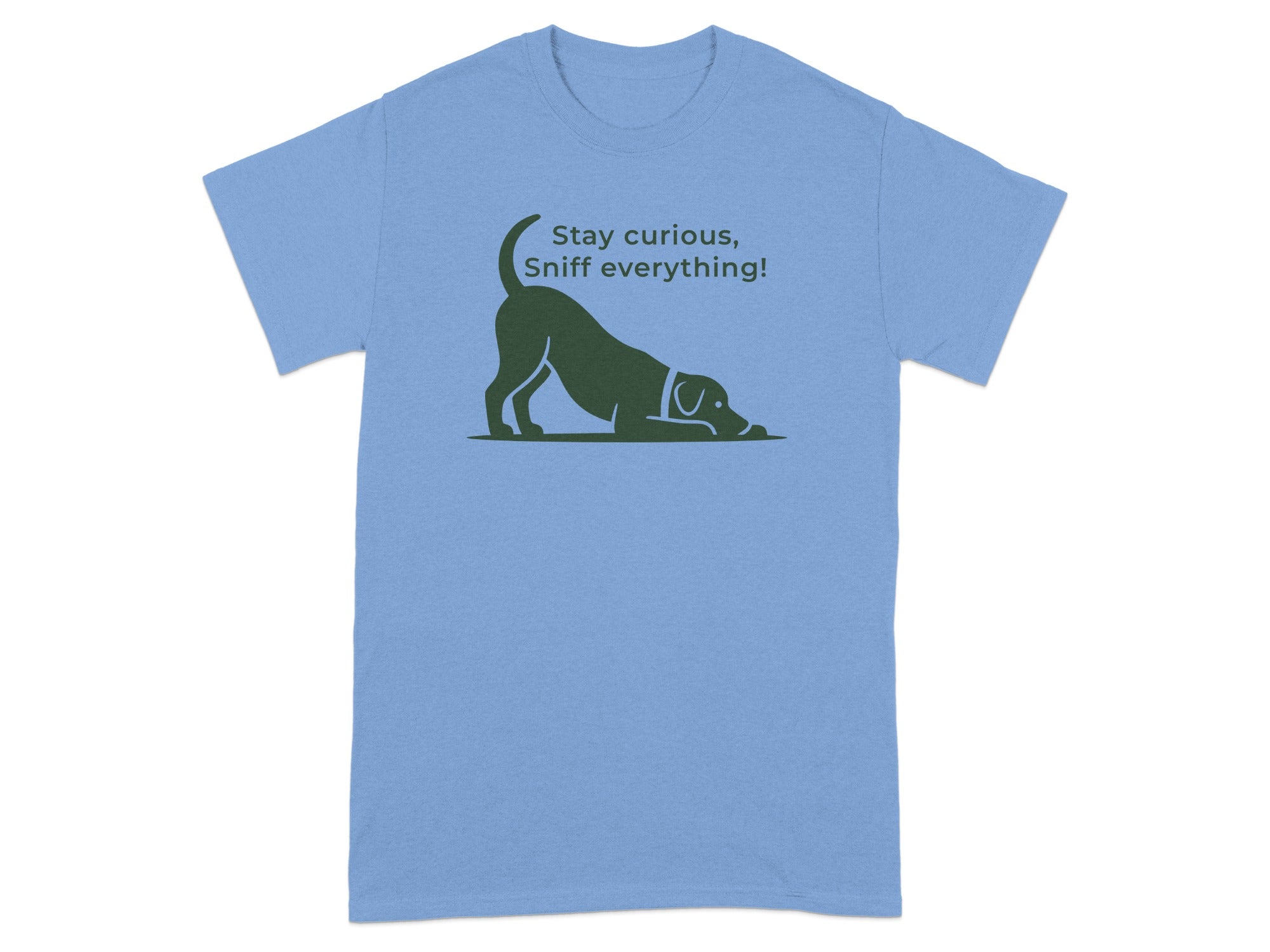 Light blue t-shirt with a black dog in a play bow pose and text.
