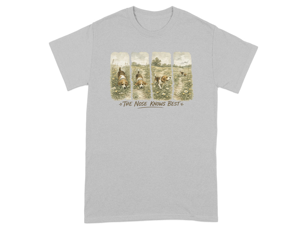 Four panels depict beagles on a path, with text "The Nose Knows Best."