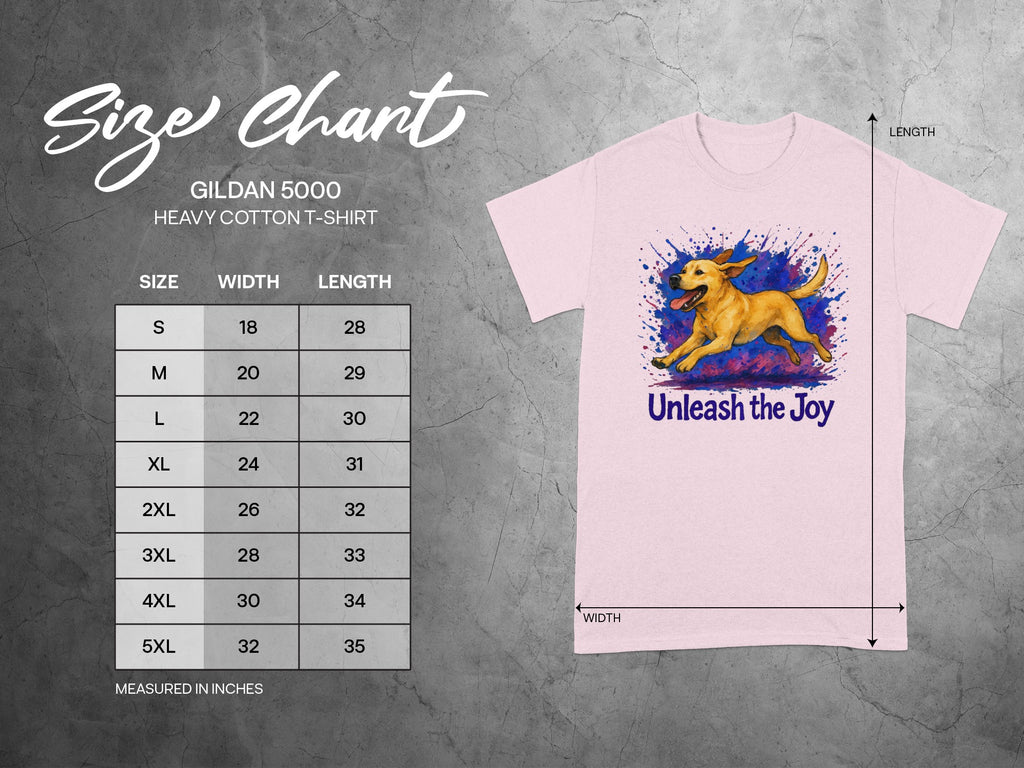 Gildan 5000 size chart for heavy cotton t-shirts with dog graphic and "Unleash the Joy" text.