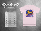 Gildan 5000 size chart for heavy cotton t-shirts with dog graphic and "Unleash the Joy" text.