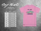 Gildan 5000 size chart and pink t-shirt with "If I fit, I burrow" text.